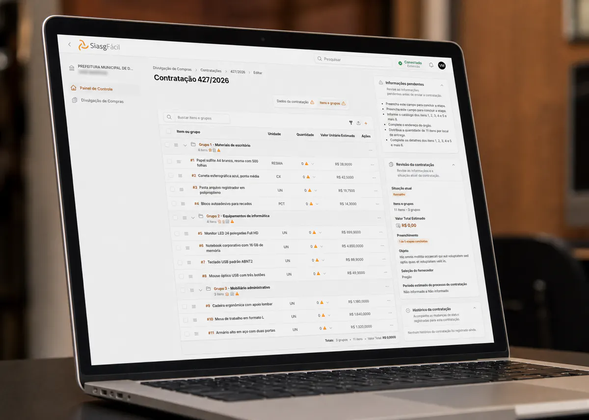 Tabela de itens da contratação importados da planilha e prontos para revisão.
